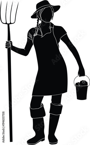 Silhouette vector of a lady farmer wearing gum boots and olding a pitchfork and a bucket. 