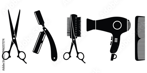 Hairdressing tools illustration set, black white design, barber salon motif artwork, scissors razor comb symbol, grooming decorative motif, professional styling artwork, flat vector drawing