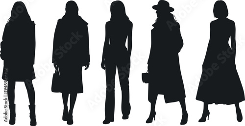 Fashion woman silhouettes vector, collection of stylish female models in winter coats and dresses for city design