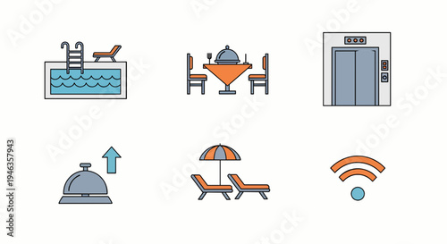A collection of hotel service icons features a swimming pool, dining table, elevator, reception bell, lounge chairs, and Wi-Fi symbol.