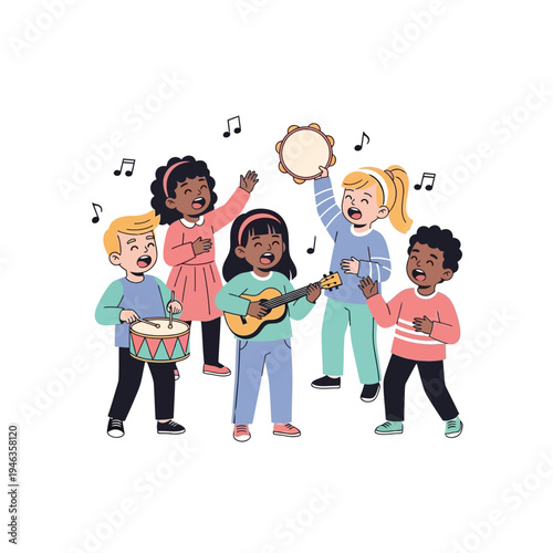 Diverse Children Playing Music Together, Singing and Dancing with Instruments