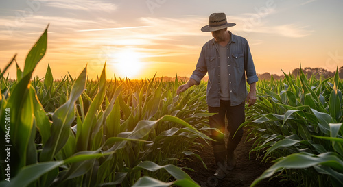 A male farmer wearing a straw hat walks through a lush green maize field touching the crops during a golden sunset