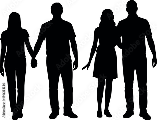 Happy couple silhouette vector, collection of romantic partners holding hands and posing for love and relationship design
