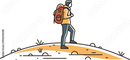 An adventurous individual with a backpack stands confidently on a hill, looking towards the horizon, symbolizing exploration and new journeys ahead.