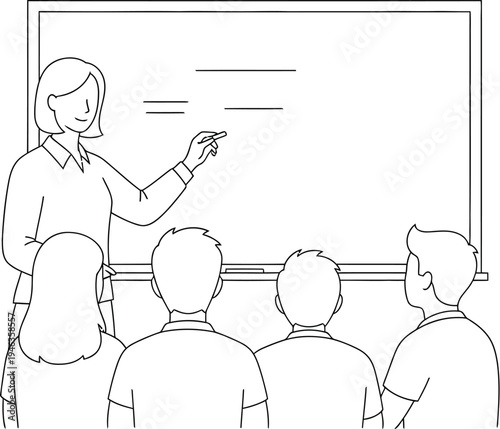 Female teacher actively educating students in a classroom setting, pointing at the whiteboard during a lesson or presentation.