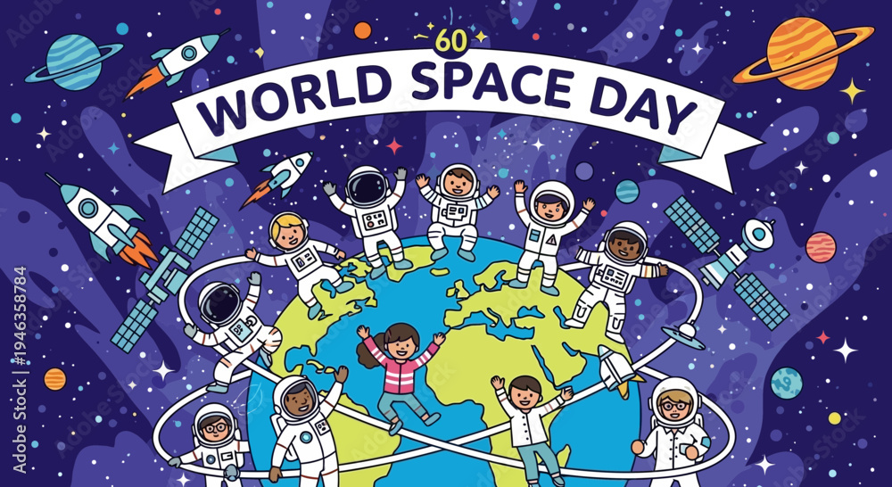 Fototapeta premium Children Celebrating World Space Day Around Earth with Astronauts and Rockets