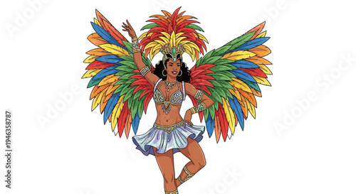 Carnival Dancer with Colorful Feathered Wings and Costume