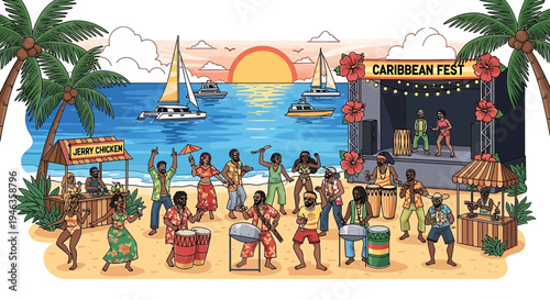 Caribbean Festival on Beach with Music, Dancing, Food Stalls and Sailboats