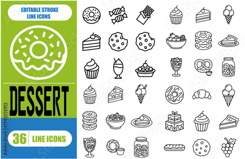 Hand Drawn Dessert Icon Set Black Outline on White Background