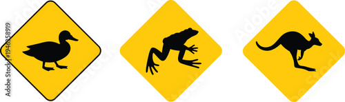 Animal crossing road sign vector set featuring duck, frog and kangaroo silhouettes for wildlife traffic safety awareness