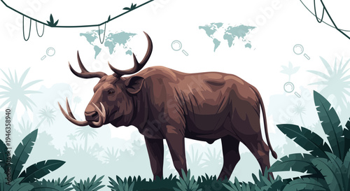 Ancient Mammoth or Elephant with Tusks in Jungle, World Map Background