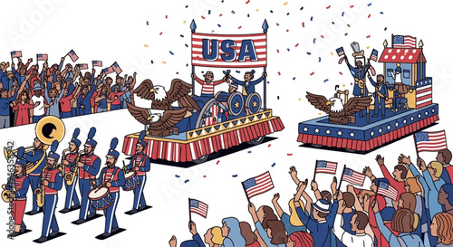 American Independence Day Parade Celebration with Floats and Marching Band