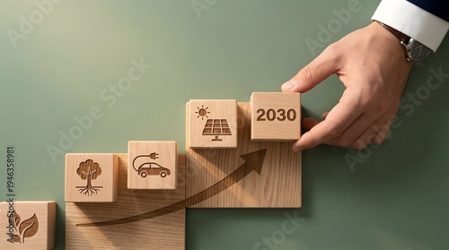 Ascending Arrow of Wooden Blocks with 2030 Environmental ESG Goals