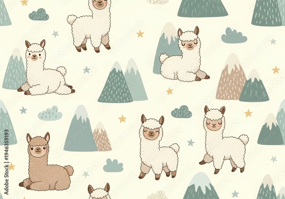 Fototapeta premium A pattern featuring cute cartoon llamas and mountains