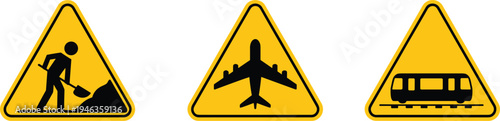 Yellow road sign vector set with construction work, airplane and train symbols for public safety warning design