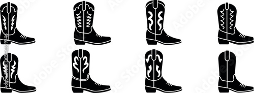Cowboy boots vector icon set with various patterns and designs isolated on a plain white background
