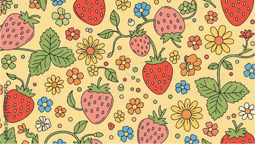 Vibrant strawberries and colorful flowers bloom in a lively garden scene.