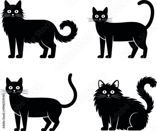 Black cat vector icon set with various breeds and poses isolated on a plain white background