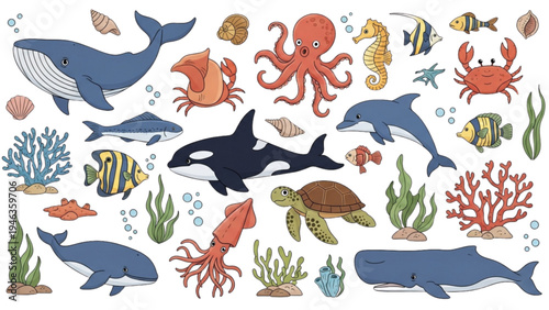 Marine animals swim in ocean with coral and seaweed underwater scene