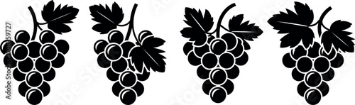 Grapes bunch vector icon set with leaves and vine, organic fruit silhouette isolated on white background