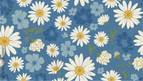 Vibrant floral pattern features white daisies and blue flowers on blue background