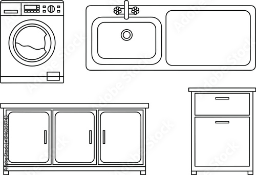 Laundry room appliances and furniture line art set with washing machine sink cabinet drawers and countertop interior equipment outline illustration for home utility design