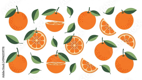 A vibrant still life illustration of oranges and slices with green leaves on a plain surface indoors.