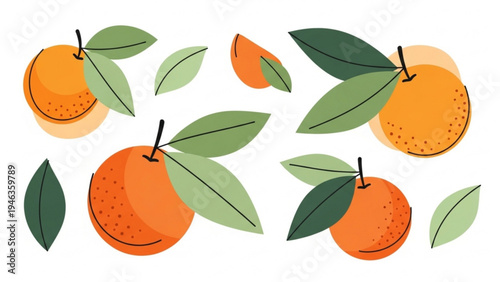 A vibrant illustration of oranges and leaves scattered on a table indoors.