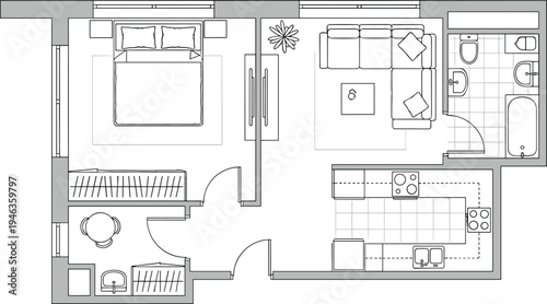 Modern apartment floor plan top view architectural layout with bedroom living room kitchen dining area and bathroom detailed interior furniture arrangement blueprint for residential home design