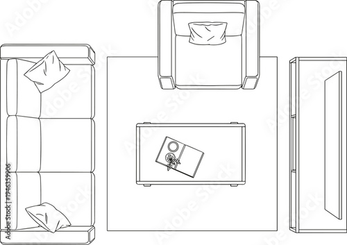 Modern living room furniture layout top view line art illustration with sofa armchair coffee table rug and television cabinet interior design plan for home decoration