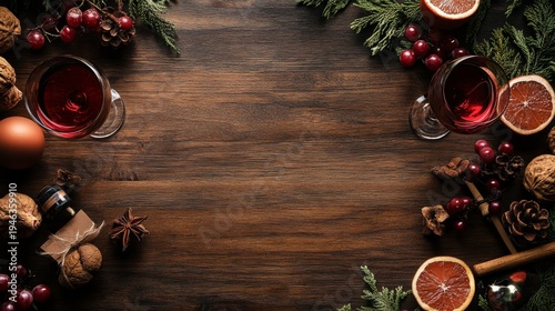 Festive table setting with wine, fruit, nuts, and spices