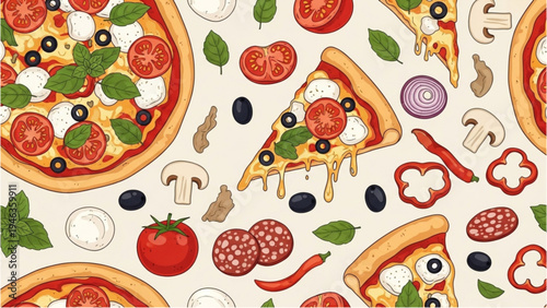 Delicious pizzas and various toppings are scattered on a table indoors.