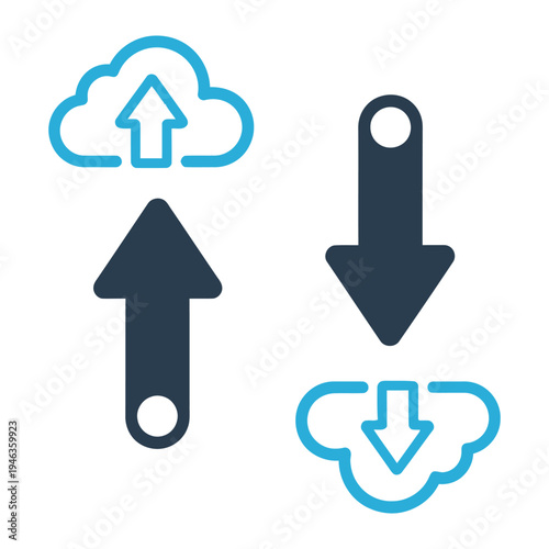 Cloud data transfer and synchronization silhouette icons for upload and download
