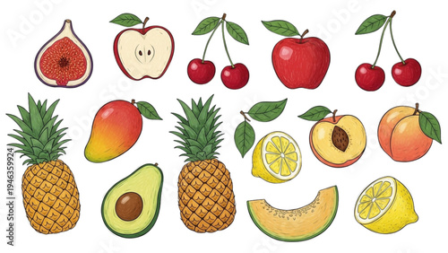 Fresh fruit assortment on display with various types cut open