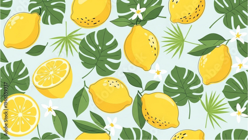 Vibrant illustration of lemons and tropical leaves on a light blue background