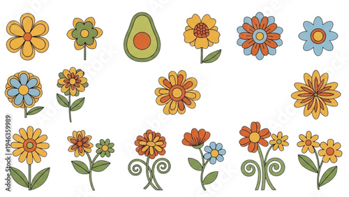 Vibrant flowers and avocado illustrations arranged together on white