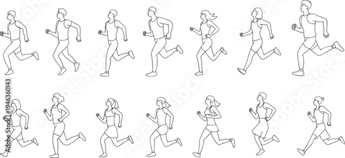 continuous, line, drawing, runners, running, athletes, jogging, marathon, sport, fitness, endurance, training, competition, people, motion, active, lifestyle, exercise, illustration, minimal