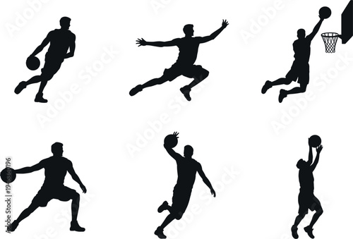Professional basketball player vector silhouette set featuring athletes dunking, dribbling, and shooting isolated on white background