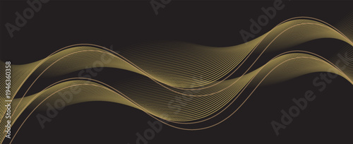 Abstract luxury with shining gold lines waves on black background. Futuristic background of flowing gold lines for banner, poster, cover, brochure, flyer, website. vector