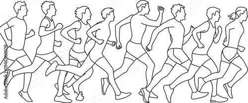 continuous, line, drawing, group, runners, running, marathon, race, jogging, athletes, fitness, sport, endurance, training, competition, people, active, lifestyle, motion, illustration