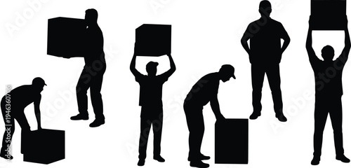 Black silhouettes of people carrying boxes on a transparent background, moving and delivery concept