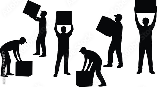 Collection of black silhouettes of people carrying boxes on a transparent background
