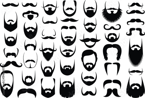 Beard and mustache silhouettes collection, hipster facial hair styles set, barber beard vector icons, men grooming black silhouette illustration