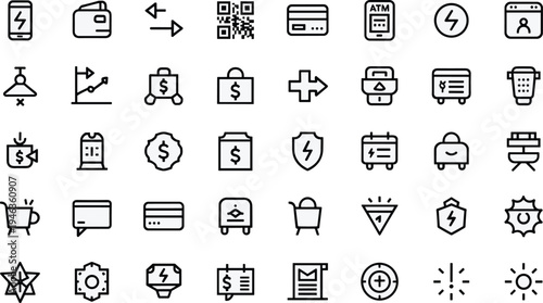 Digital payment and fintech line icons set with mobile wallet credit card QR code ATM transaction security and online banking outline vector illustration collection