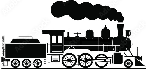 Black silhouette of a steam train and tender on a transparent background, transportation and travel icon