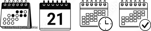 Calendar icon set featuring monthly schedule date reminder clock for deadline time management and task completion check mark vector illustration