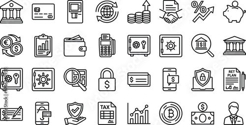 Finance and banking line icons set with credit card payment savings tax investment security cryptocurrency and financial management outline vector illustration collection