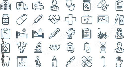 Medical and healthcare line icons set with hospital doctor ambulance syringe medicine heart monitor wheelchair and laboratory equipment outline vector illustration collection