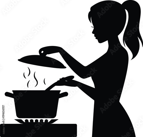 Young woman silhouette stirring food in pot on gas stove with ladle and lid held in hand illustration