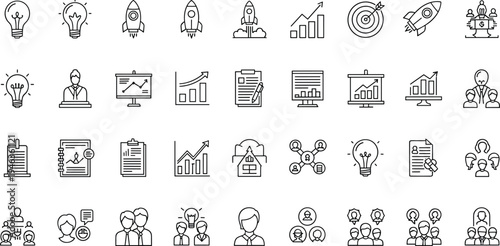 Startup business and innovation line icons set with rocket launch idea growth charts strategy teamwork leadership and analytics outline vector illustration collection